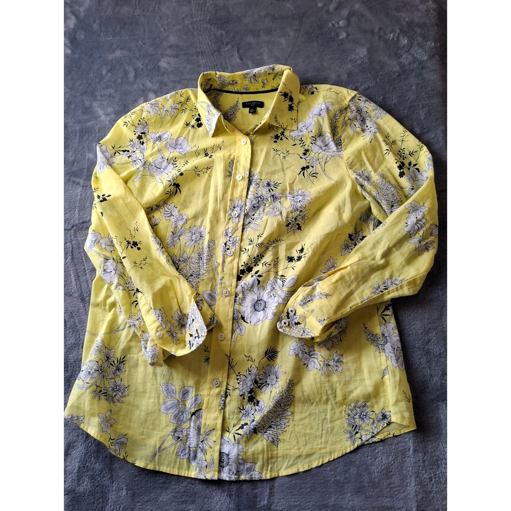 Talbots Petite Yellow Floral Cotton Button Down Shirt Blouse SP Long Sleeve